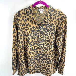 Vintage STUNT leopard blouse shirt top silk large EUC